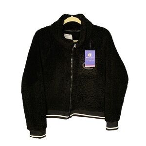 New! Champion Black Sherpa Cropped Jacket Full Zip Size Large